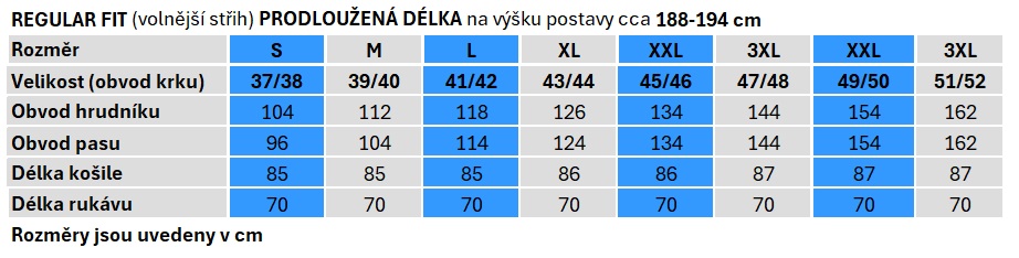 Tabulka velikostí MMER Prodloužená délka Regular fit